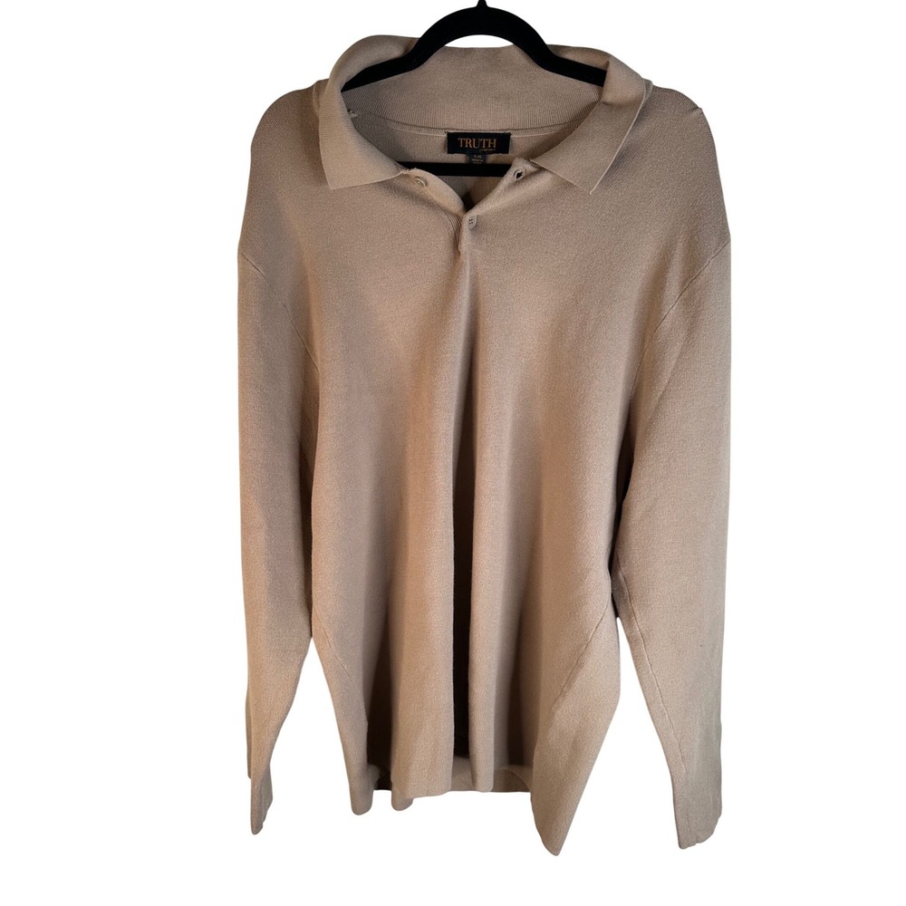 Truth Men's Tan Long Sleeve Preppy Knit Button Collar‎ Polo Sweater Size Large